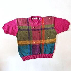 Chaus Vintage Pink Rainbow Plaid Short Sleeve Sweater